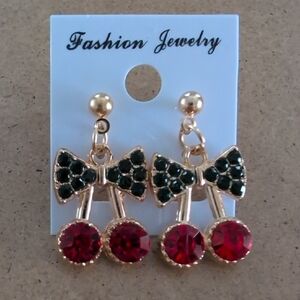 Chic Gold and Red Bow Cherry Fashion Earrings